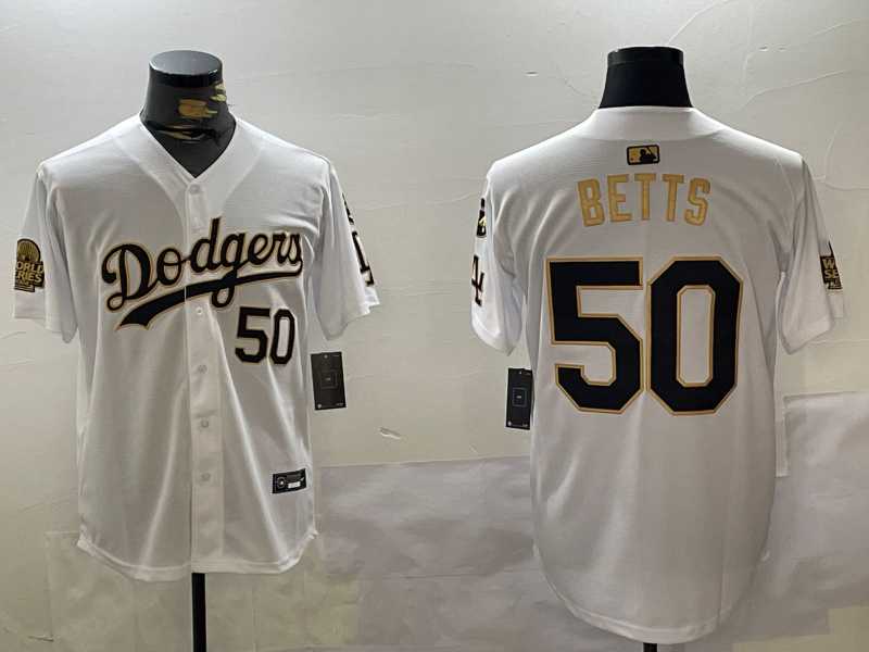 Men%27s los angeles dodgers #50 mookie betts white gold 2024 world series with fernando memorial patch limited stitched baseball jersey->los angeles dodgers->MLB Jersey
